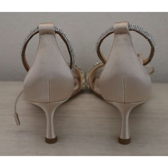 Badgley Mischka Women Sz 6.5 Nude Satin Blossom Ankle Tie Embellished Sandal - Picture 3 of 16